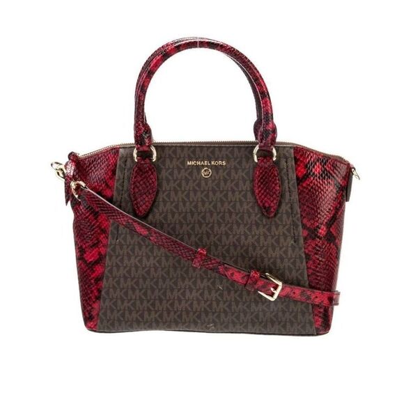 MICHAEL KORS GEORGIA Brown & Red Animal Print Sig Logo Leather Top Handle Bag - Picture 1 of 9